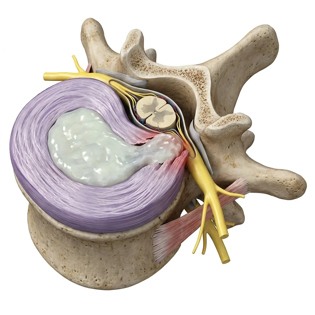 Ilustración anatómica de hernia discal lumbar comprimiendo la raíz nerviosa